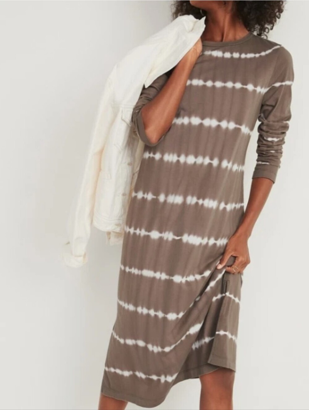 Old Navy Taupe and White Tie-Dye Long Sleeve Midi Dress